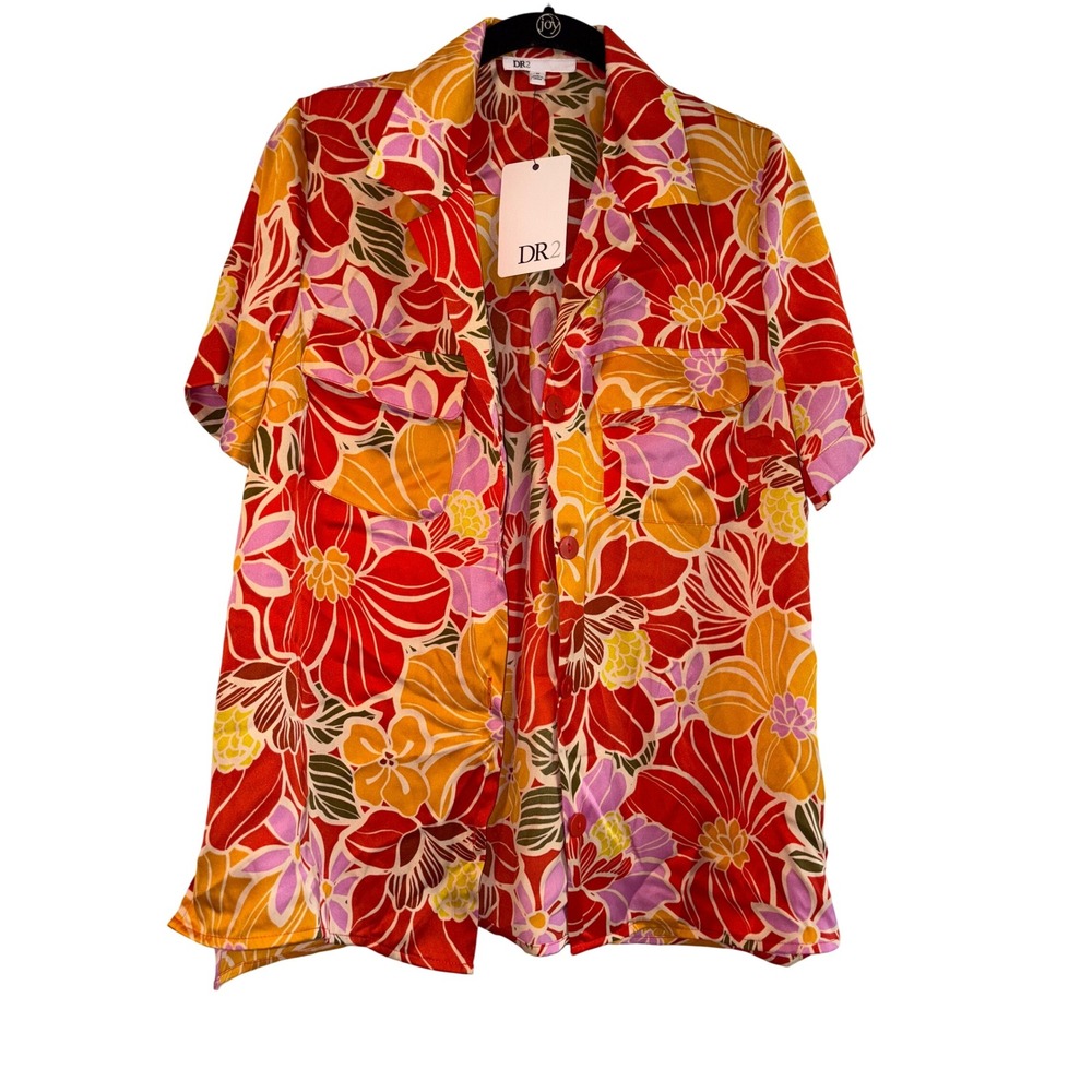 DR2 Floral Print Button Down Short Sleeve Shirt - Red, Yellow,‎ Pink - M